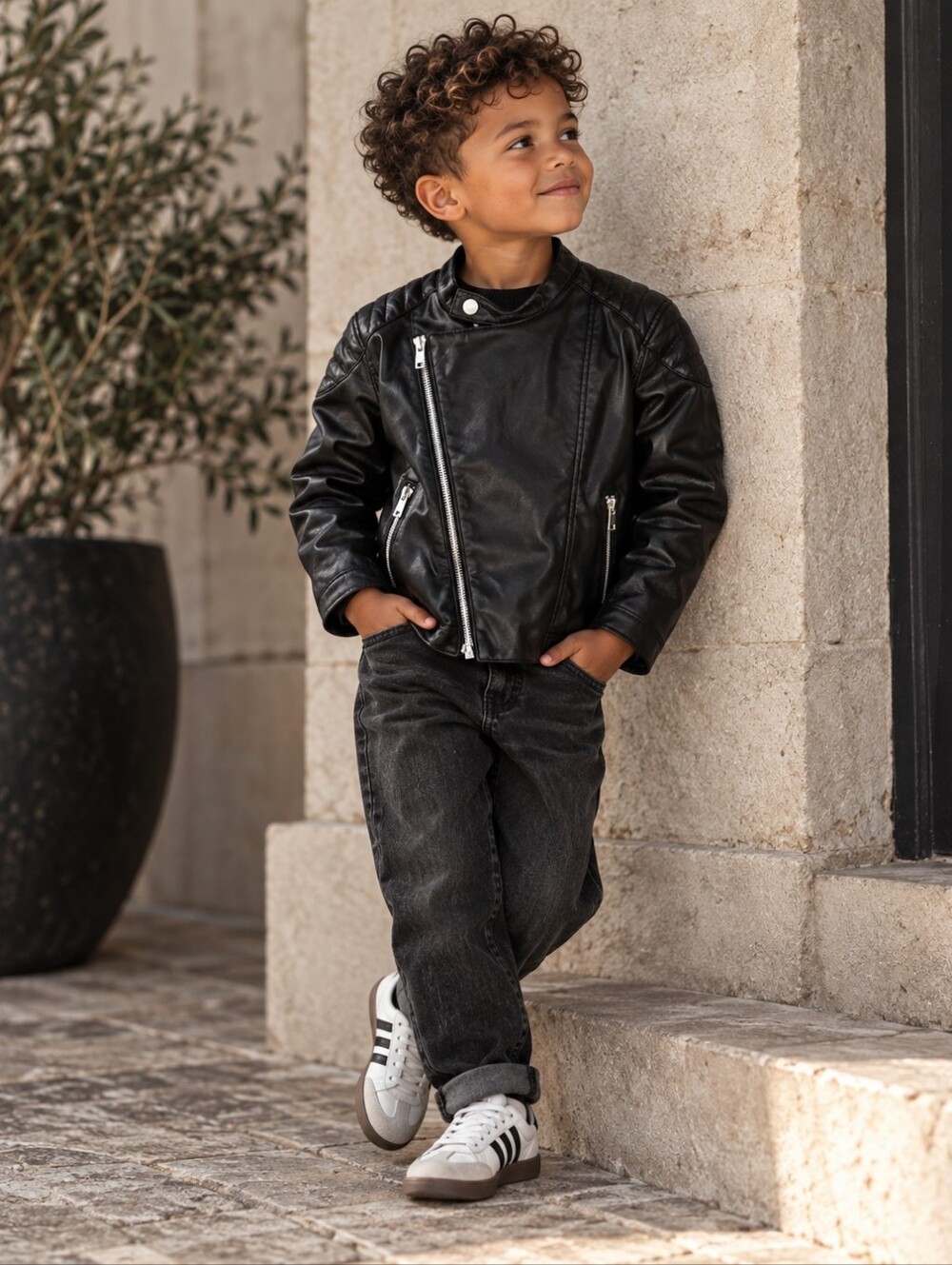 H&M Kids Black Faux Leather Moto Biker Jacket Size 5-6Y 116 Punk Y2K